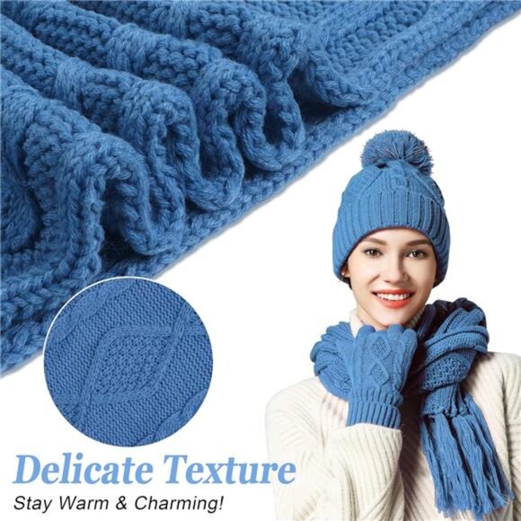 Women\'s 3 in 1 Set Hat Gloves Scarf Set, Blue